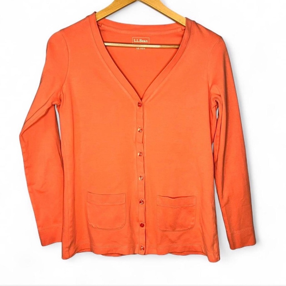 L.L. Bean Melon Coral Orange Cotton V-Neck Button Cardigan Sweater XS⁠ Fall